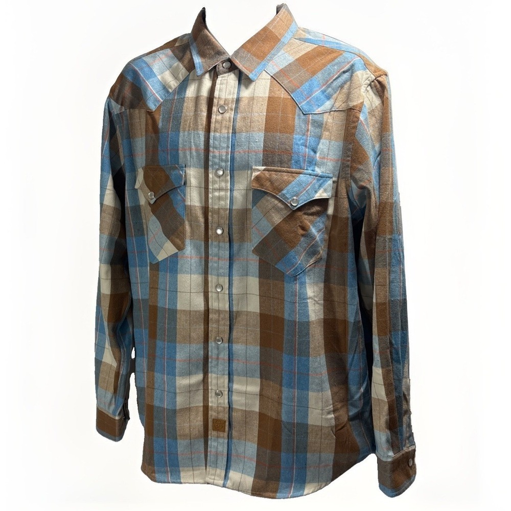 Dubinik Customized Version Men's Large Blue Brown Plaid Pearl Snap Shirt